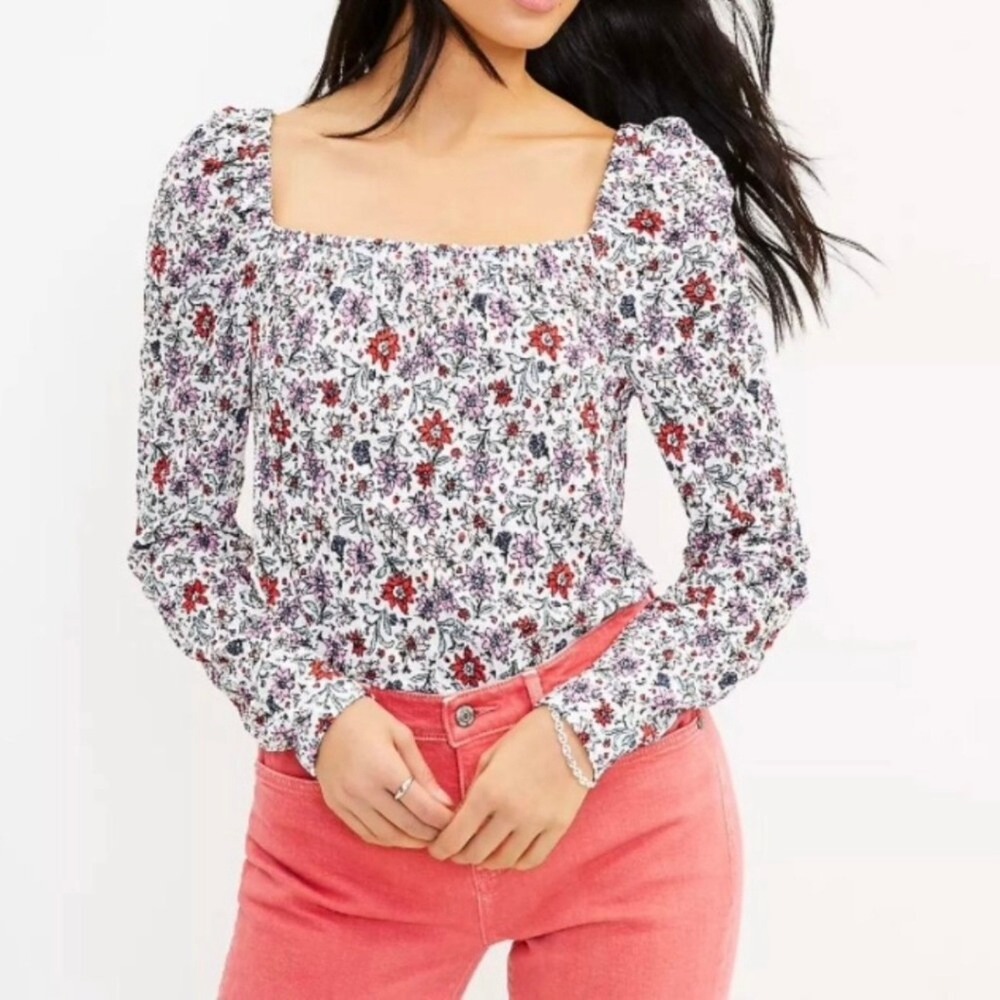 Loft Bloom Floral Textured Smocked Stretch Square Neck‎ Top White Multi Large